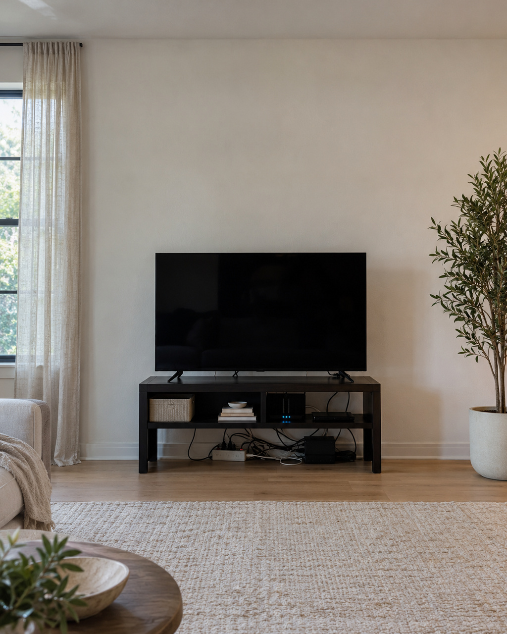 Antes: TV no rack com fios aparentes