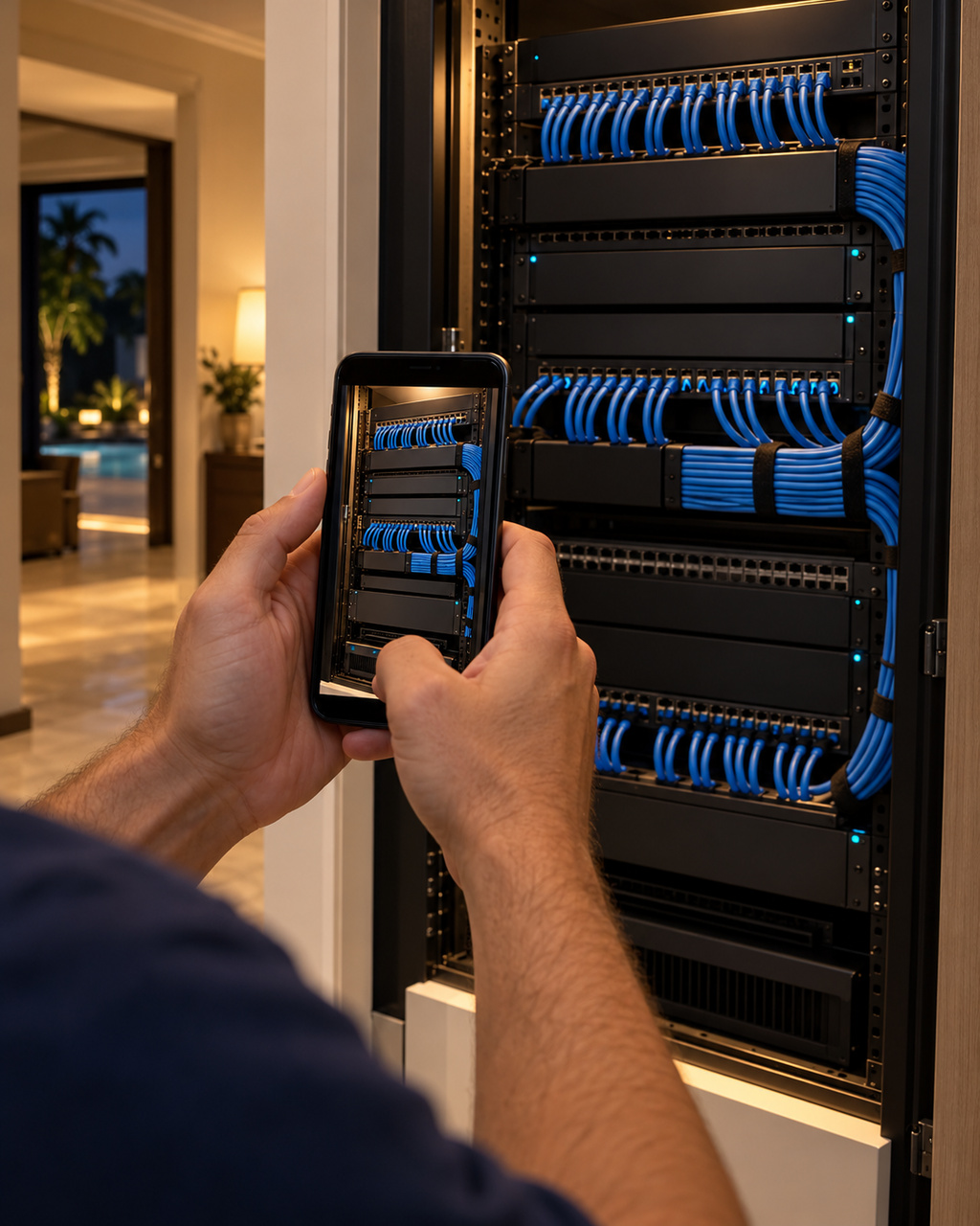 Técnico filmando o rack de rede com o celular, sem aparecer o rosto